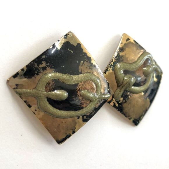 Vintage Square Tortoise Shell Gold Tone Costume Statement Earrings - Picture 2 of 4